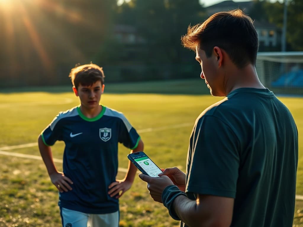 A club soccer player on the pitch while a parent reviews a recruiting dashboard on a phone in the foreground.